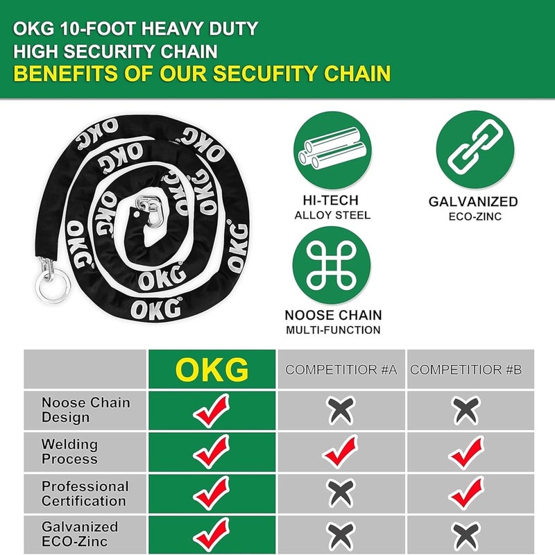 OKG Extra Long Security Chain - 10-Foot x 3/8" Thick Heavy Duty, Eco-Zinc Plated - Uncuttable for Outdoor & Indoor Use - Bike & Motorcycle Lock Chain - For Two+ 2-Wheeled Vehicles - Image 4